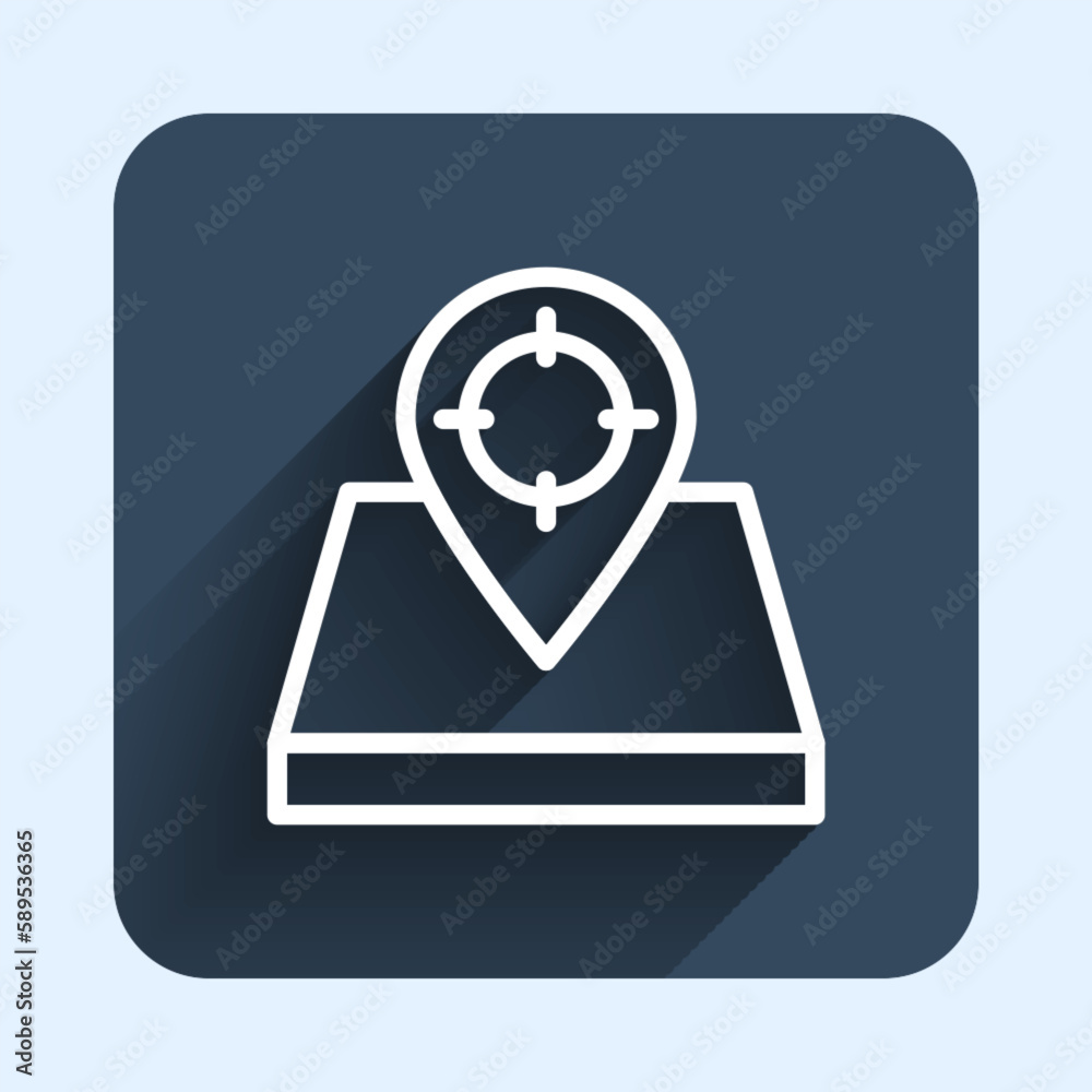 White line Hunt place icon isolated with long shadow background. Navigation, pointer, location, map, gps, direction, place, compass, contact, search. Blue square button. Vector White line Hunt place icon isolated with long shadow background. Navigation, pointer, location, map, gps, direction, place, compass, contact, search. Blue square button. Vector