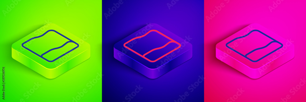 Isometric line Rectangular pillow icon isolated on green, blue and pink background. Cushion sign. Orthopedic pillow. Square button. Vector