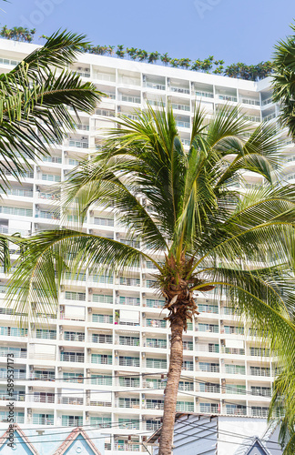Architectural Multi-storey building among palm trees. Modern asian architecture.Vacation,holiday © Kris Zarzh