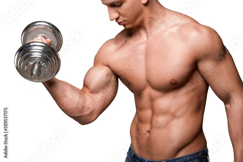 Portrait of a handsome muscle man with dumbbell posing isolated on background