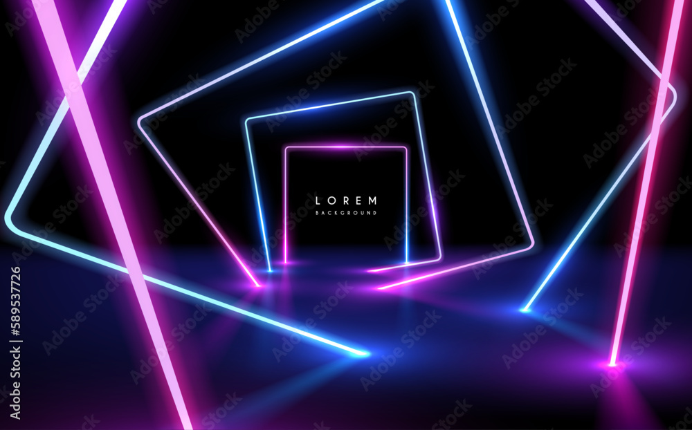Neon geometric shapes with glow effect on black background - obrazy, fototapety, plakaty 