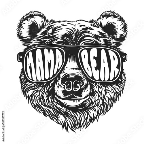 Hand drawn portrait of mama bear with sunglasses. Vector isolated elements.
