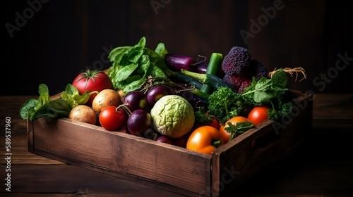 Food selection in paper box: fruit, vegetable, herbs, legumes, cereals, leaf vegetable on wooden background. Generative ai.