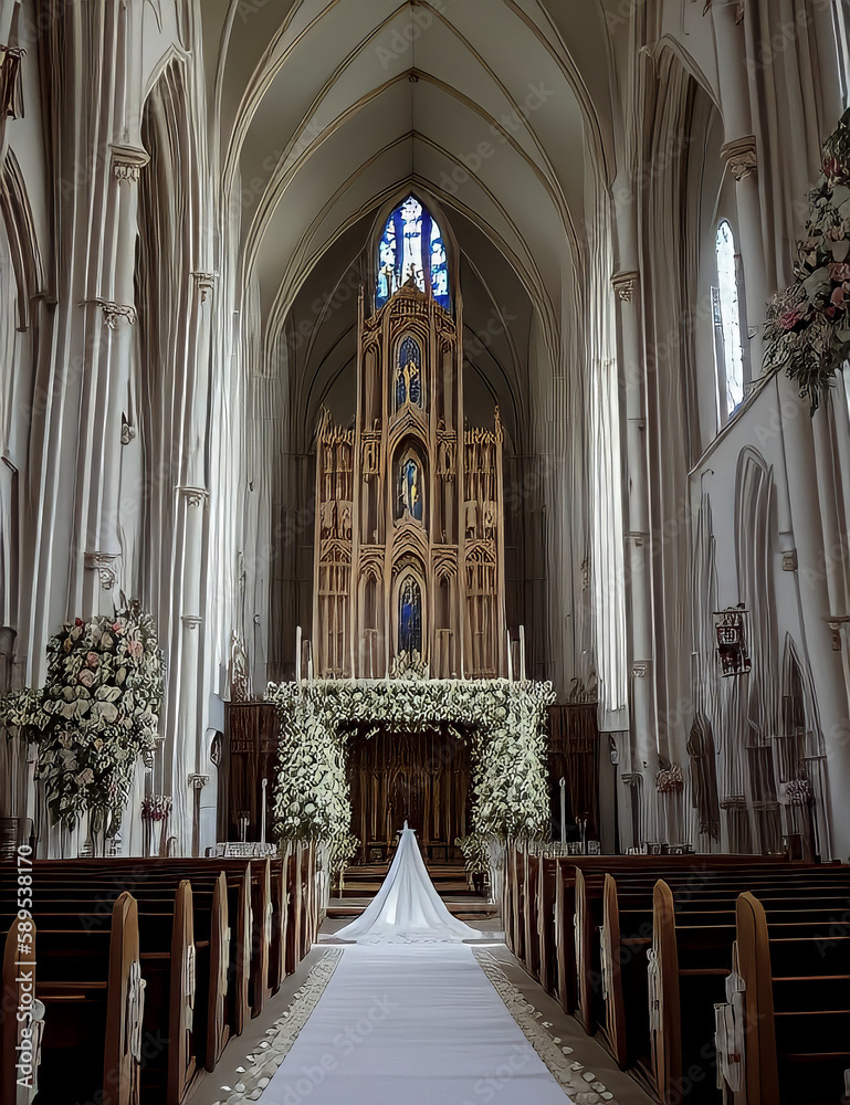 Wedding Theme, Wide angle picture of large empty royal cathedral style church, prepared for wedding with flowers and runner, created with Generative AI technology