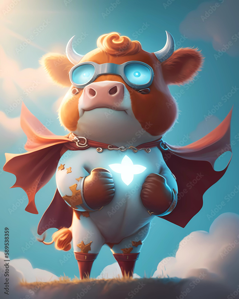 Cow SuperHero Cartoon , Super Cow Hero  , Soft illustration  - ( Generative AI ) 