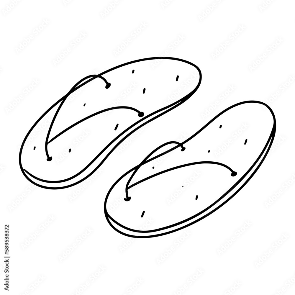 Beach slippers in hand drawn doodle style. Vector illustration isolated on white. Coloring page. Beach slippers in hand drawn doodle style. Vector illustration isolated on white. Coloring page.