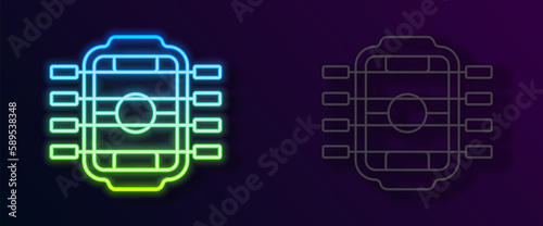 Glowing neon line Table football game hobby or leisure icon isolated on black background. Sport team football players. Vector