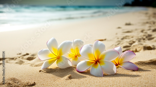 Plumeria flowers on the beach on the sand. selective focus. flower Generative AI,