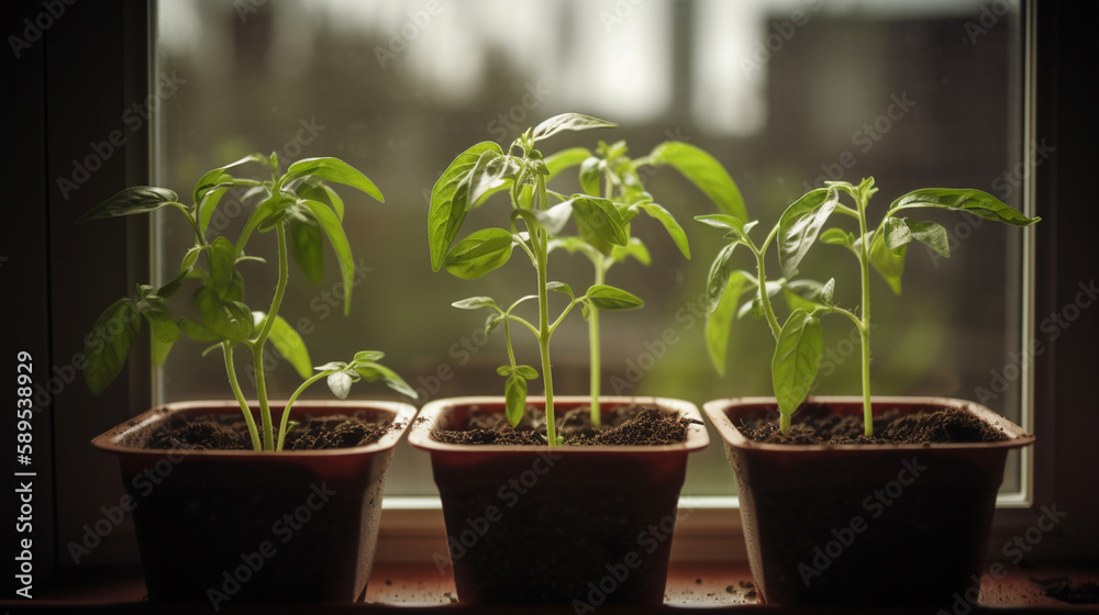 Seedlings of cucumbers in cups. Selective focus. Generative AI,