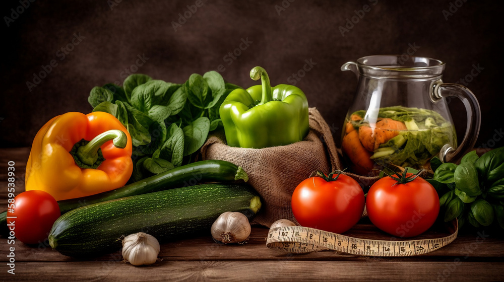 Fresh healthy vegetables, water and measuring tape. Health. Generative ai. Fresh healthy vegetables, water and measuring tape. Health. Generative ai.