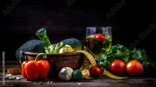 Fresh healthy vegetables  water and measuring tape. Health. Generative AI.