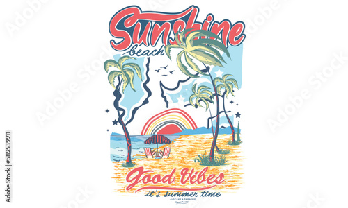 Sunshine beach summer time, sunshine vector print design artwork, take me to the sunshine, Beach Paradise Print T-shirt Graphics Design, typography slogan on palm trees background. Good vibes.