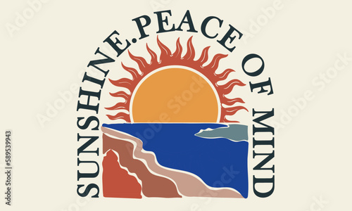 sunshine peace of mind. Long beach, summer vibes hand draw, summer slogan with beach illustration, Summer good vibes palm tree vector print artwork, Girls, men, women, boys. 