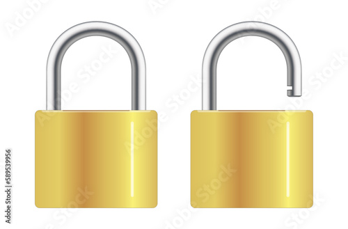 Locked and unlocked padlock. Realistic set of golden locks on white background. Vector.
