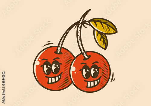 Vintage mascot character design of two cherry fruit