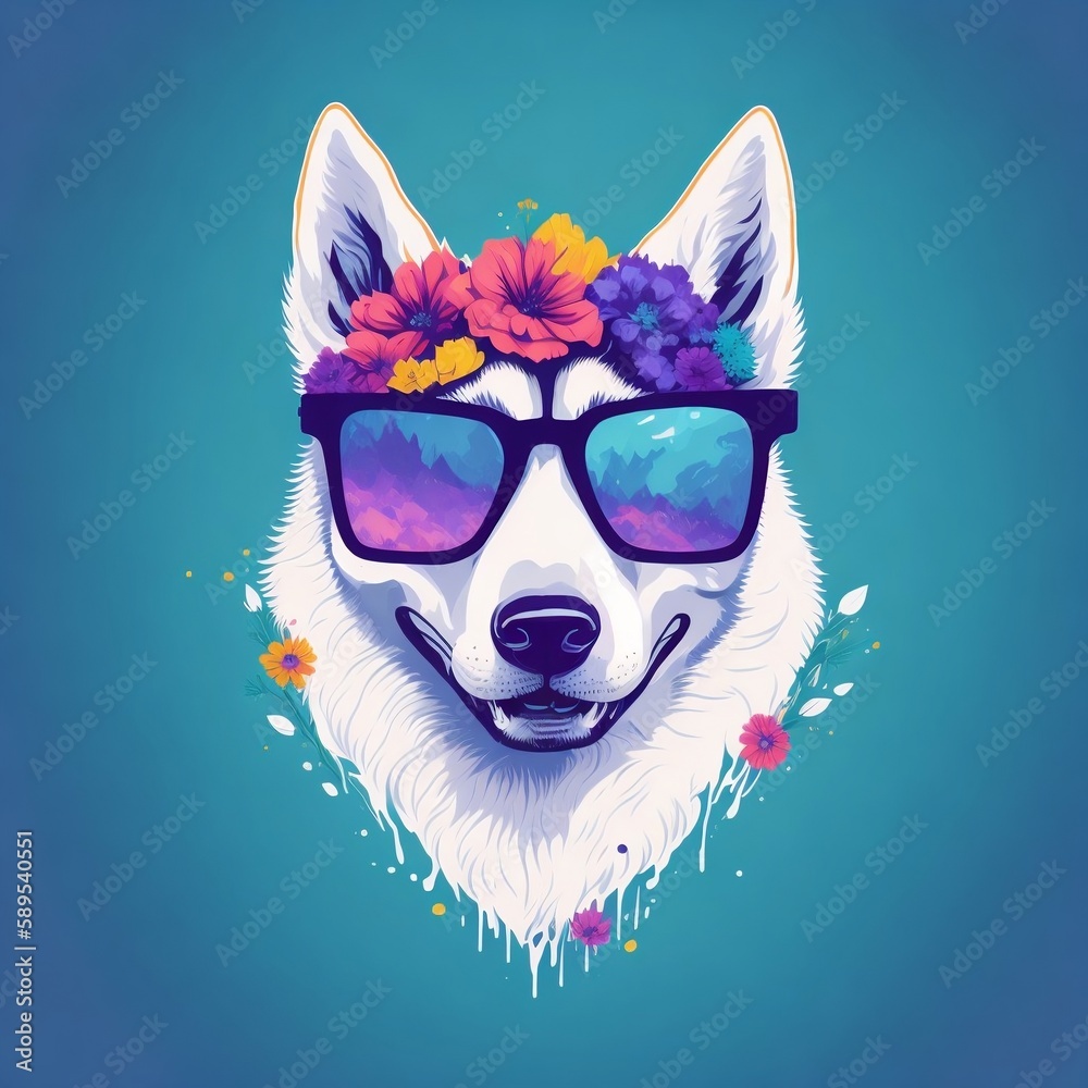 Colorful Portrait of a husky dog, Illustration, generative AI