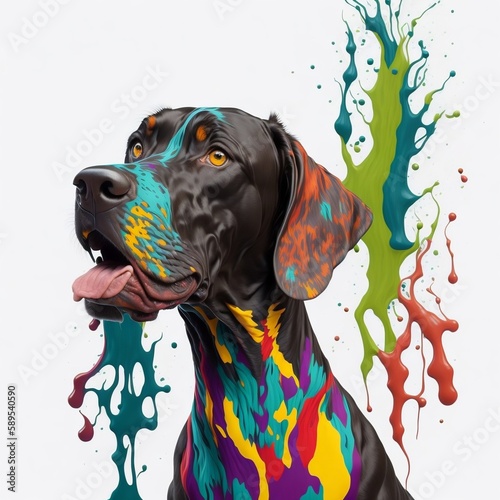 Portrait of a German Shorthaired Pointer dog with colorful paint splash. generative AI illustration
