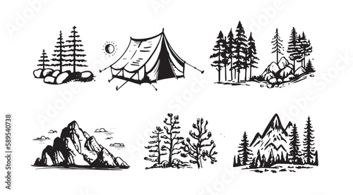 Camping set, Mountain landscape, hand drawn style, vector illustration.