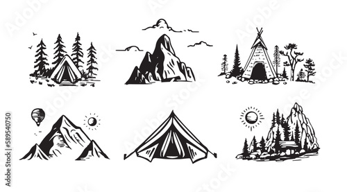 Camping set  Mountain landscape  hand drawn style  vector illustration.