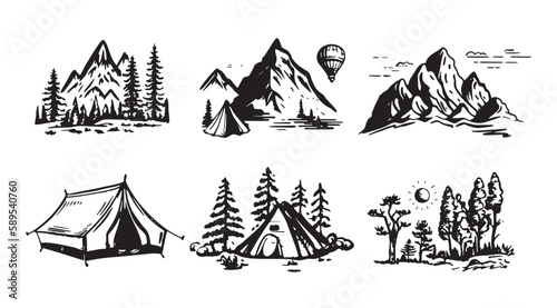 Camping set  Mountain landscape  hand drawn style  vector illustration.