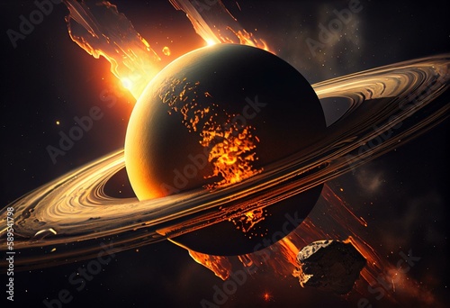 Planet Saturn or Jupiter close-up with meteorites ring and sun in haze, 3d illustration. Generative AI