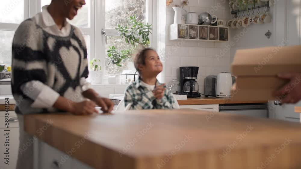 Father bringing family takeaway pizza in boxes