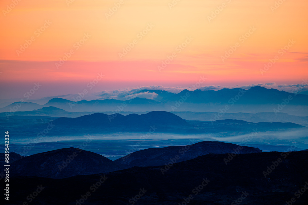 Good morning mountains. Sunrise landscape from the Sierra Nevada mountain range, Spain.