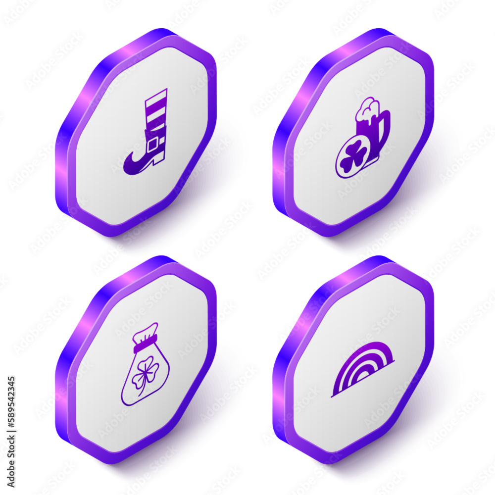 Set Isometric Leprechaun boot, Glass of beer, Money bag with clover and Rainbow icon. Purple hexagon button. Vector Set Isometric Leprechaun boot, Glass of beer, Money bag with clover and Rainbow icon. Purple hexagon button. Vector