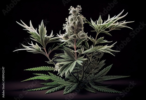 Blooming Marijuana plant with early white Flowers  cannabis leaves  marijuana. Generative AI