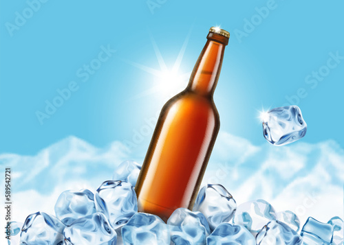 Beer ads, premium beer in glass brown bottle in ice cubes on blue background. Realistic vector