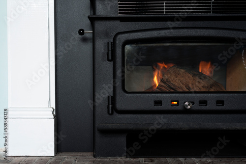 close up of a combustion wood burning oven