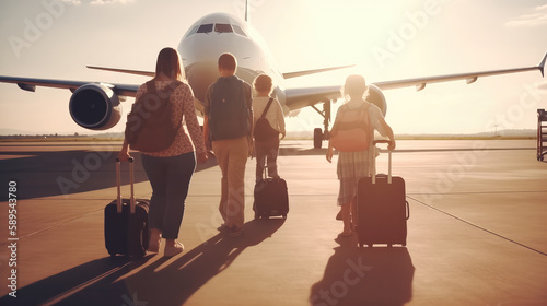 Family with father mother and the children walking to the airplane on the ground ready for holidays in the sun. Generative AI.
