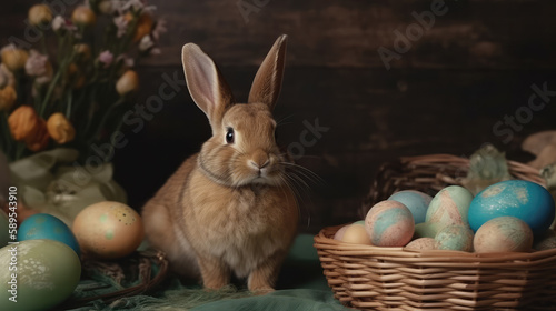 Rabbit sitting beside a basket full of colored eggs as a symbol for easter. Generative AI.