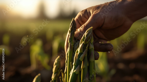 Close up of the hand of a man harvesting green asparagus on the field. Generative AI.
