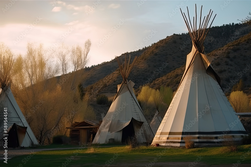 Native American village with traditional native Indian teepees during spring. Peaceful indigenous people's village nested in a valley in the evening. Generative ai