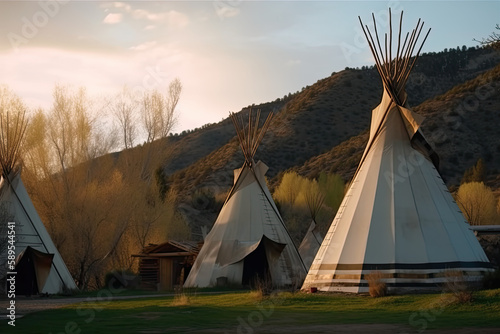 Native American village with traditional native Indian teepees during spring. Peaceful indigenous people's village nested in a valley in the evening. Generative ai