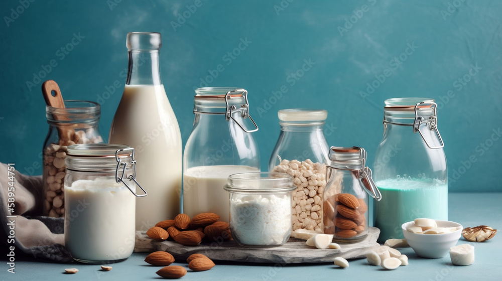 Non dairy plant based milk in bottles and ingredients on turquoise background. Alternative lactose free milk substitute, flat lay. Generative ai. Non dairy plant based milk in bottles and ingredients on turquoise background. Alternative lactose free milk substitute, flat lay. Generative ai.