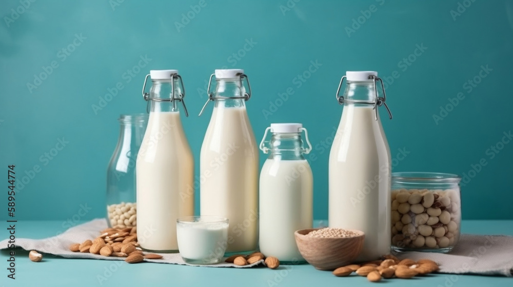Non dairy plant based milk in bottles and ingredients on turquoise background. Alternative lactose free milk substitute, flat lay. Generative AI.