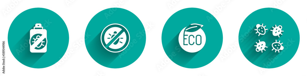 Set Spray against insects, Stop colorado beetle, Eco healthy food and Colorado icon with long shadow. Vector