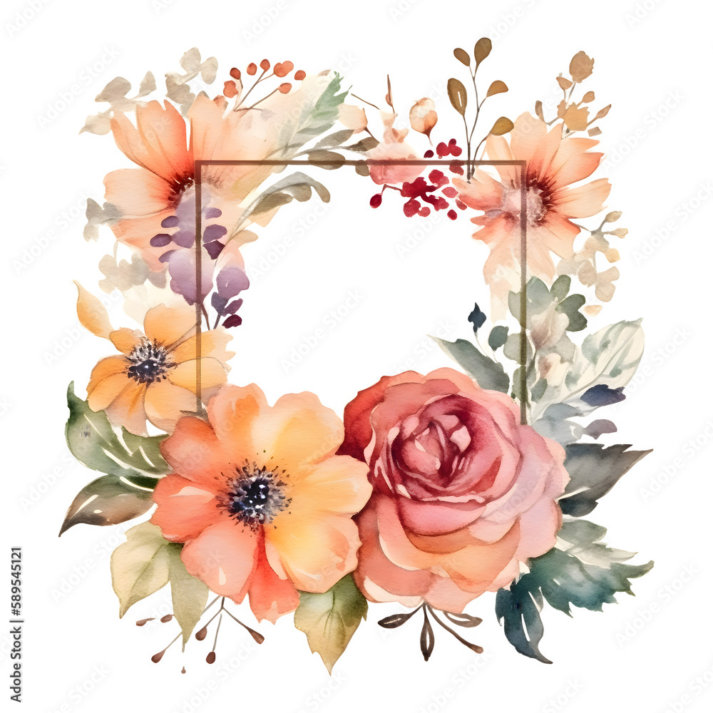 Garden Party Invitation with Floral Frame and Pastel Colors. PNG Transparent Background