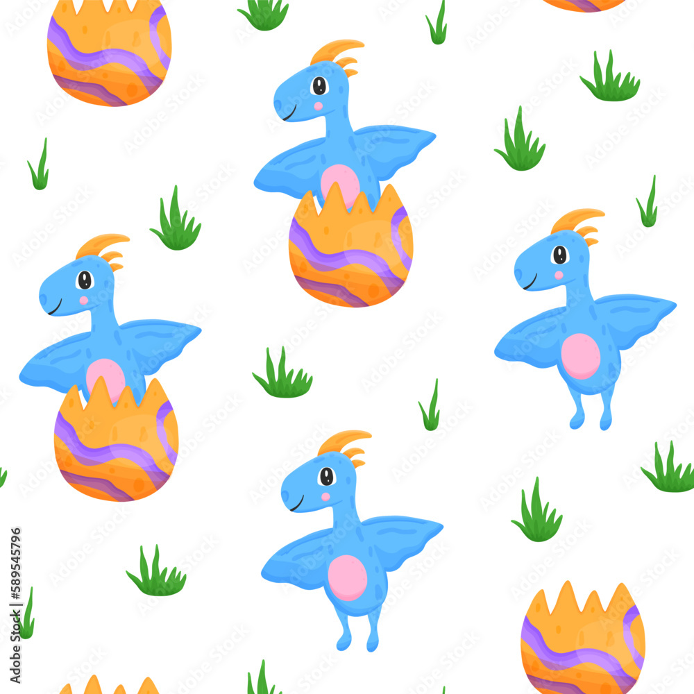 Fototapeta premium Seamless pattern with egg and newborn flying dino in cartoon style