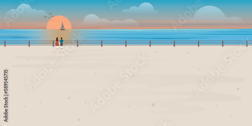 Couple of lover looking sunset at view point of ocean vector illustration. Landscape of coast beautiful sea shore with sunset flat design illustration.