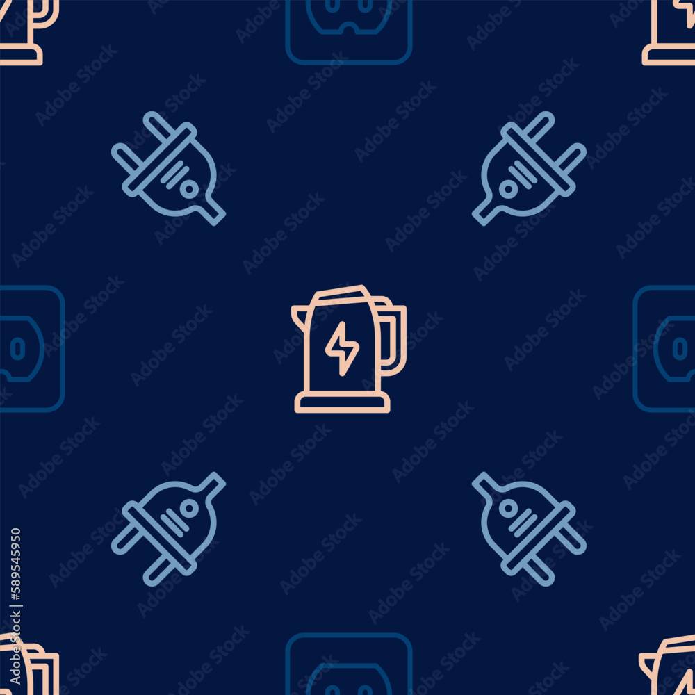 Set line Electrical outlet, plug and kettle on seamless pattern. Vector Set line Electrical outlet, plug and kettle on seamless pattern. Vector