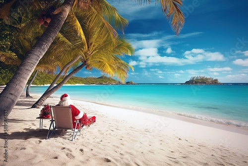 Santa Claus and Reindeer Lounging on Sun-Soaked Tropical Beach  Generated by AI