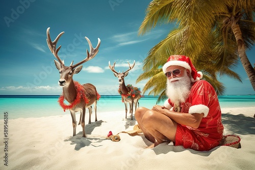 Santa Claus and Reindeer Lounging on Pristine Tropical Beach. photo