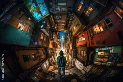 Fisheye 360 degree abstract view of a person standing on a roof looking down a street. Generative Ai.