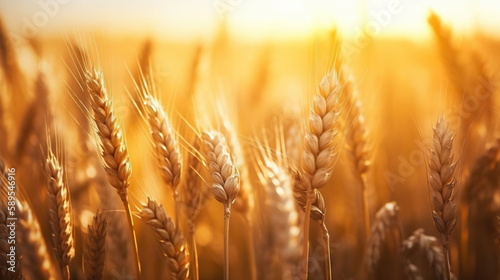 Ripe ears of golden wheat. Summer field at sunset. Based on Generative AI