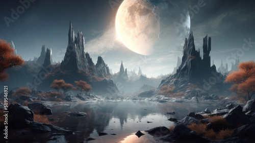 Fantasy landscape with high pointed mountains and a large moon like planet and lake. Generative Ai.