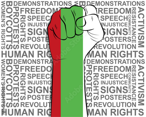 Raised fist on Bulgaria flag, political news banner, victory or win concept, freedom symbol