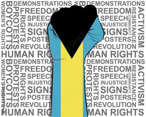 Raised fist on Bahamas flag, political news banner, victory or win concept, freedom symbol